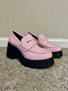 Soda Pink Patent Platform Loafers with Black Lug Sole